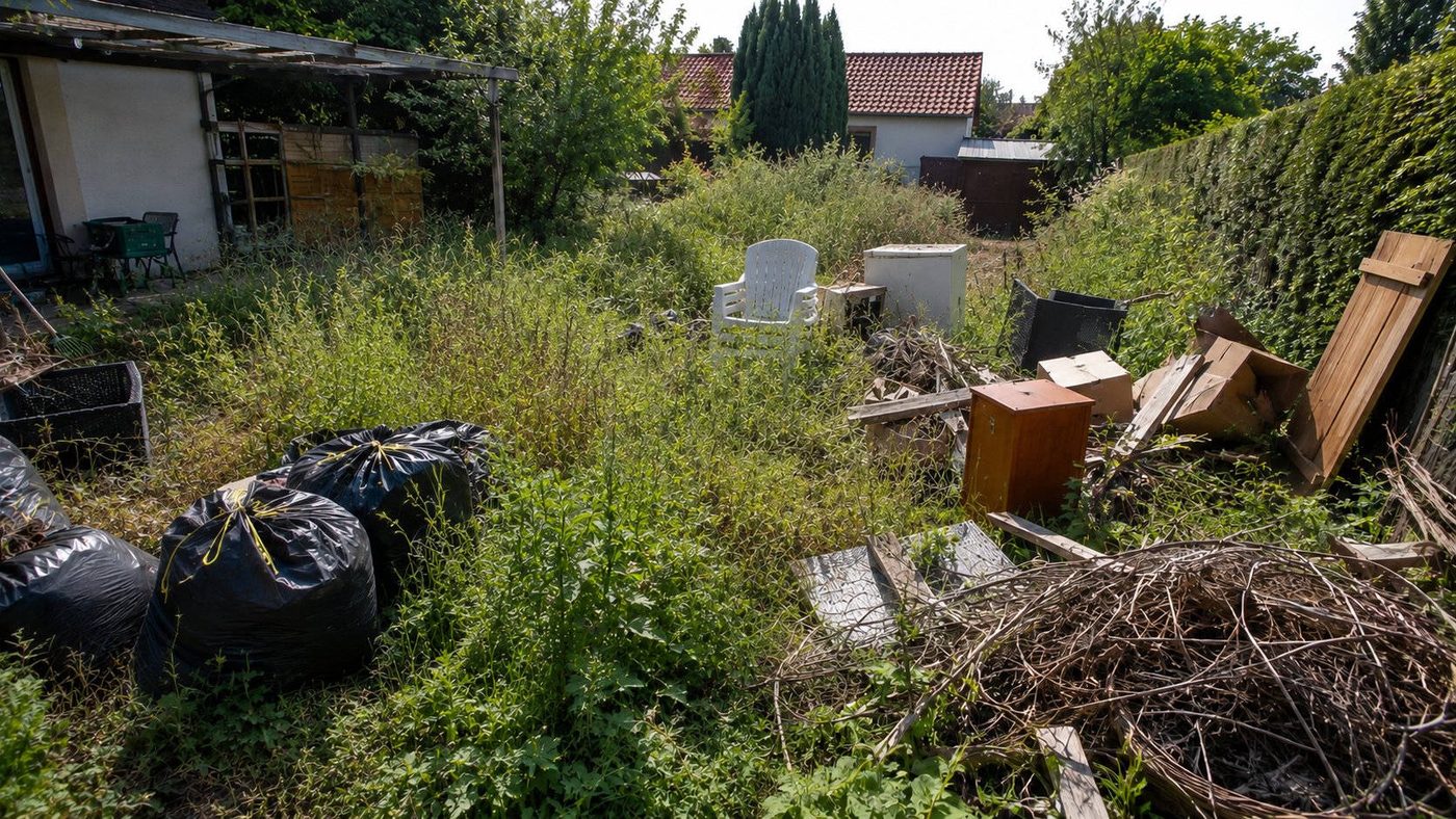 Verwilderter Garten mit Müll und Sperrmüll vor der Räumung