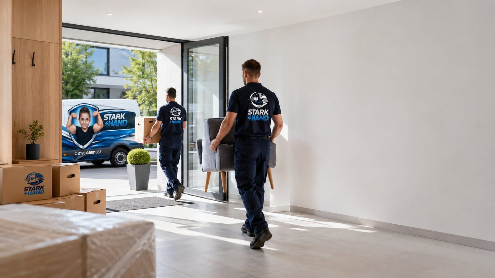 STARK HAND Team trägt Möbel und Kartons bei einem Umzug